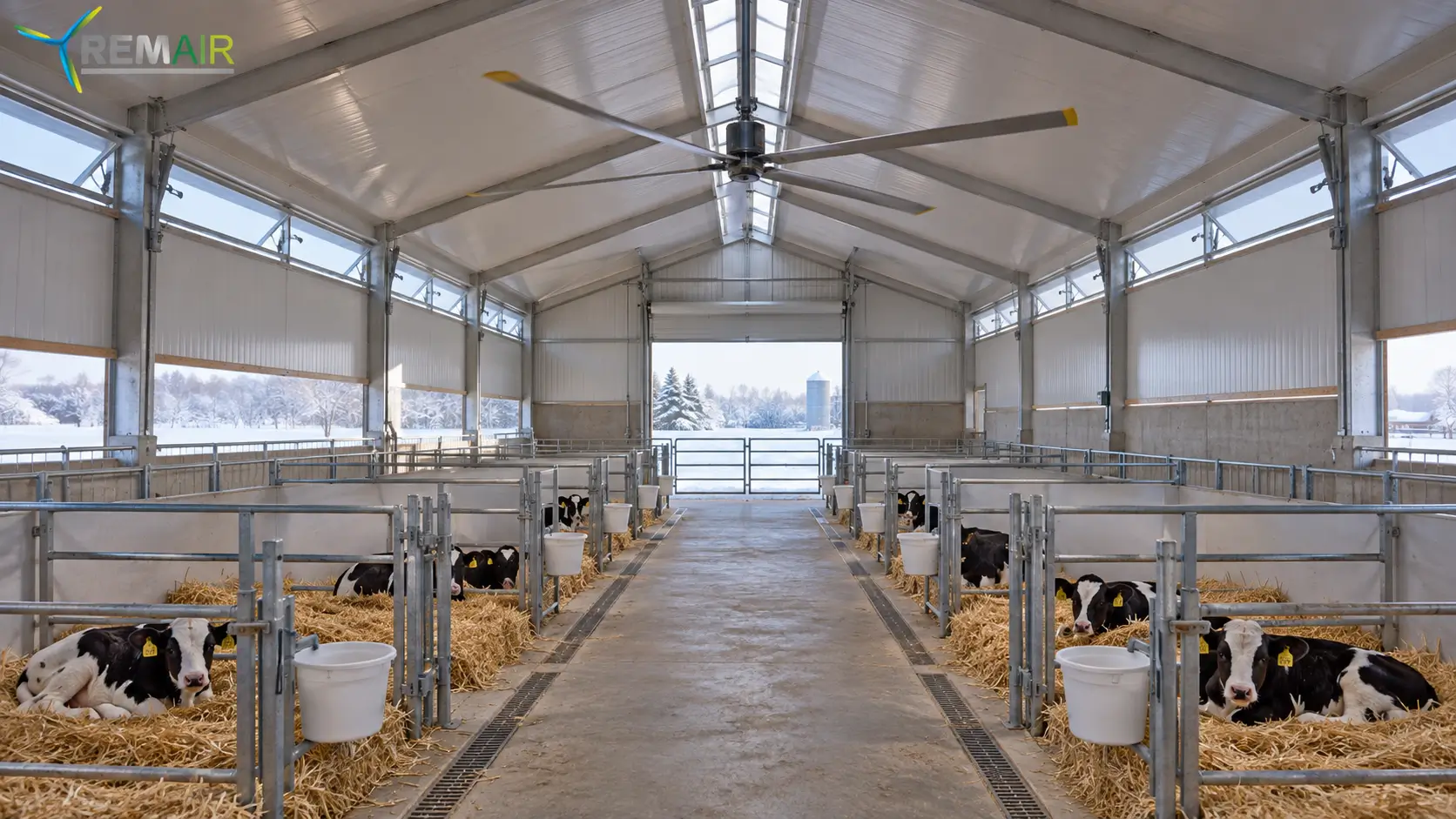 buzağı ahırı havalandırma, kışlık ahır havalandırma, HVLS fan sistemi, hayvancılıkta hava sirkülasyonu, buzağı barınağı, çiftlik havalandırma çözümü, REMAIR HVLS fan