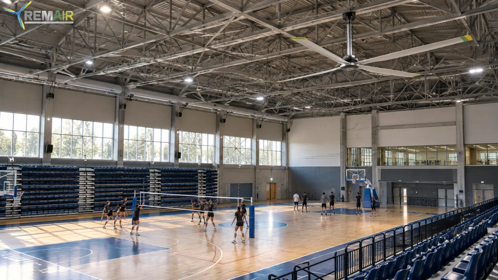 spor salonu havalandırma, HVLS tavan fanı, basketbol salonu fanı, voleybol salonu havalandırma, büyük çaplı tavan fanı, spor tesisi iklimlendirme, REMAIR HVLS fan